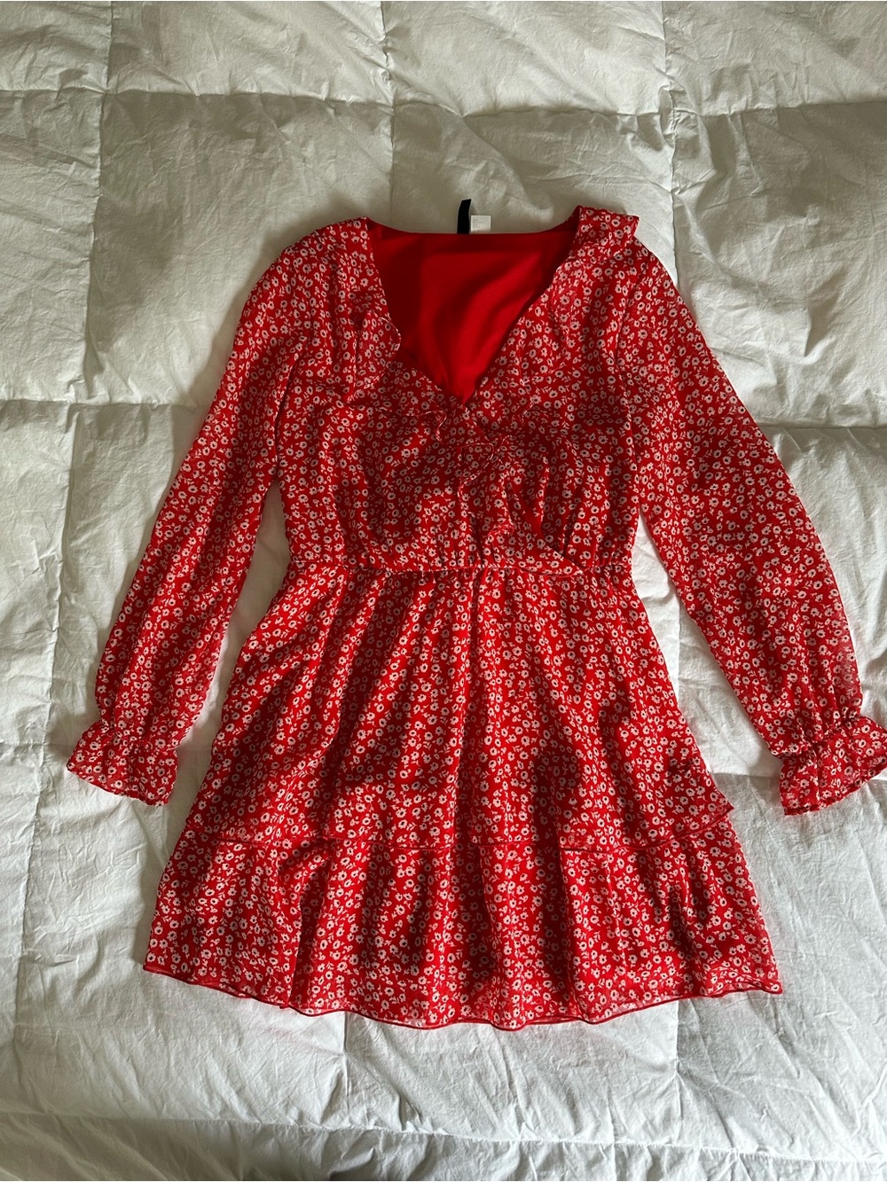 H&M Red Floral V-Neck Ruffle Dress